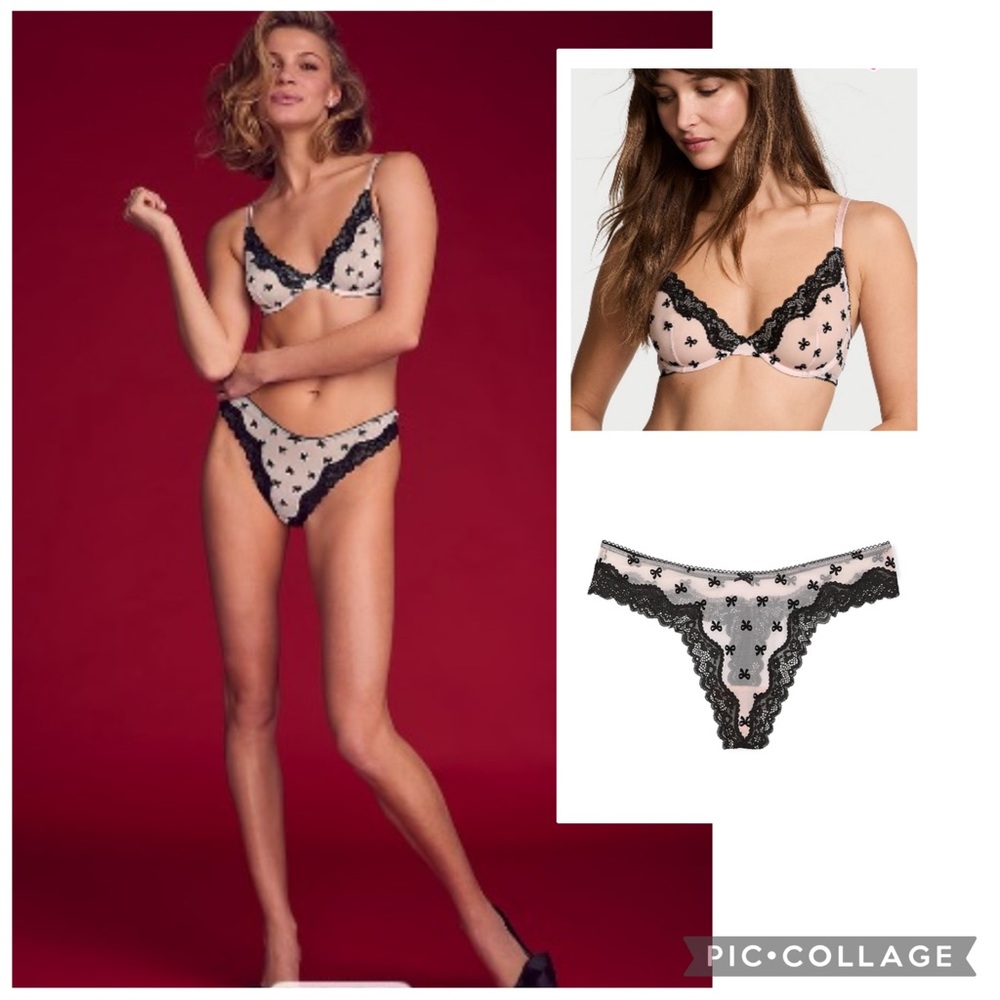 🎀Victoria’s Secret Tease set 38DD unlined lace trim bra & XL mesh lace thong NWT